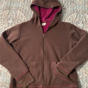 Columbia Chocolate Brown zip up hoodie with Fuchsia Interior